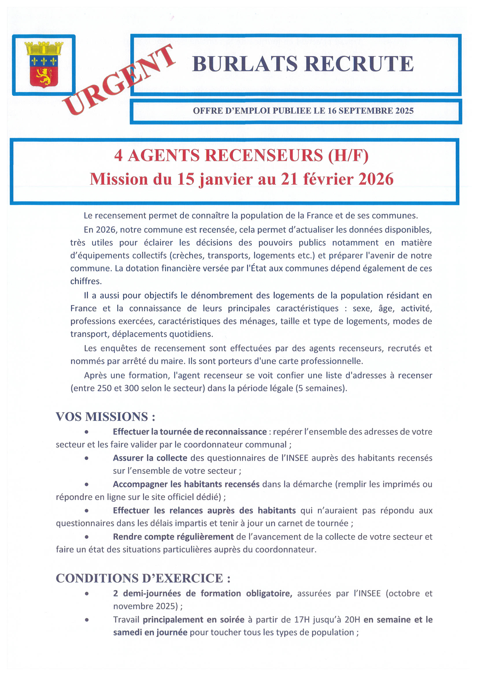 offre d'emploi agent recenseur